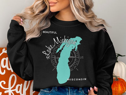 Black sweatshirt with "Lake Michigan Wisconsin" text and compass design.