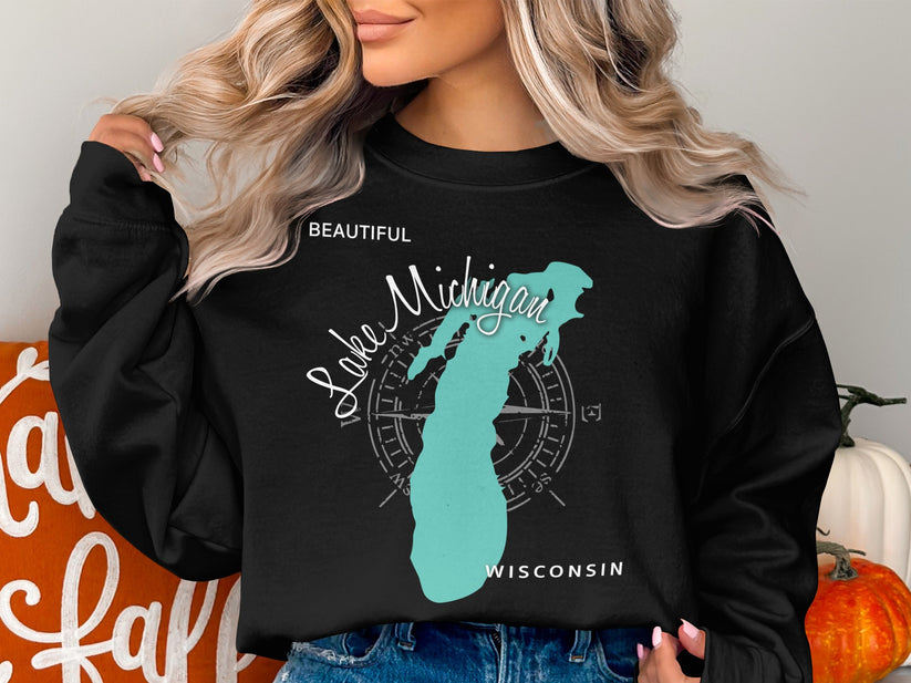 Black sweatshirt with "Lake Michigan Wisconsin" text and compass design.
