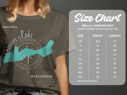 Size chart for Bella+Canvas 3001 t-shirt showing measurements for Geneva Lake, Wisconsin.