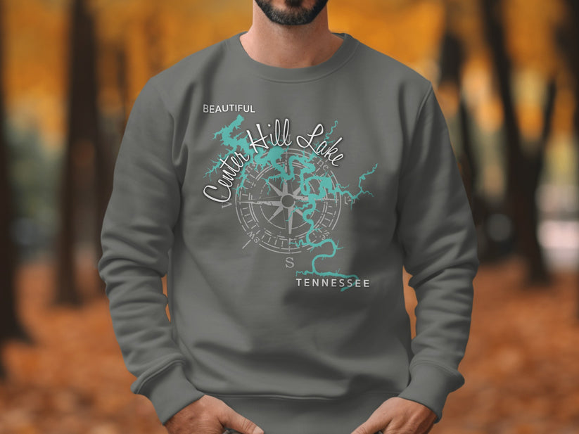 Gray sweatshirt with a compass rose graphic and "Center Hill Lake Tennessee" text.