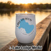 A white insulated travel tumbler featuring a blue lake silhouette and the text Lake Calhoun Georgia.