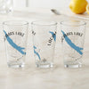Three clear glasses with blue lake maps and compass roses, labeled "Camas Lake Washington."