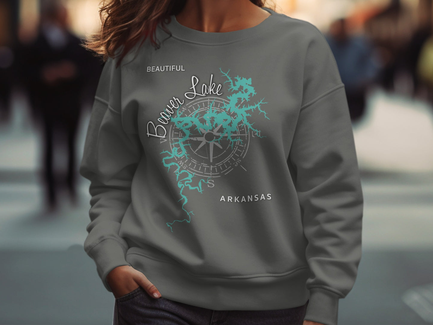 Gray sweatshirt with "Beautiful Beaver Lake Arkansas" and compass design.