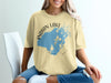 Yellow t-shirt with Indian Lake Ohio map graphic and compass rose design.