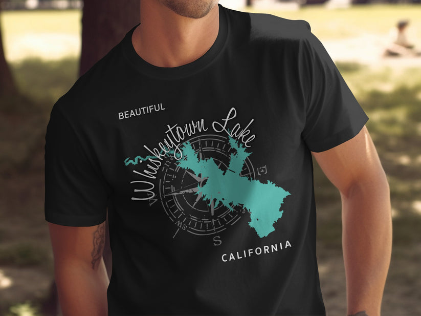 Black t-shirt with a compass and map design for Whiskeystown Lake, California.