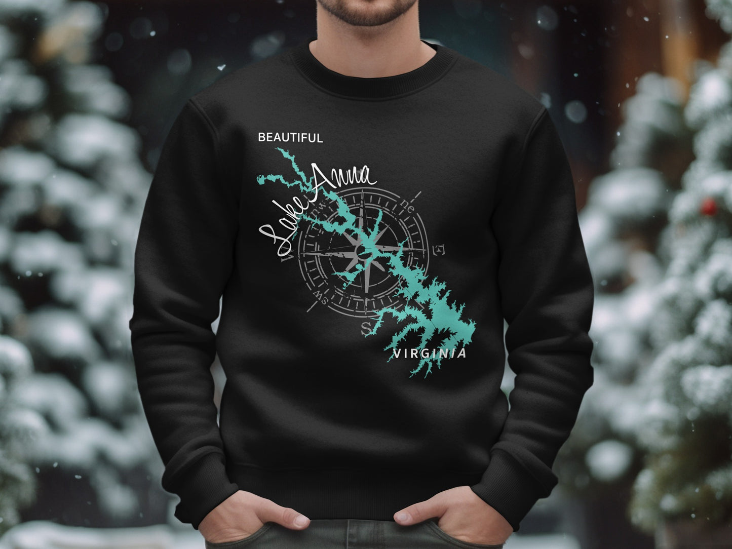 Black sweatshirt with a teal Lake Anna, Virginia map and compass design.