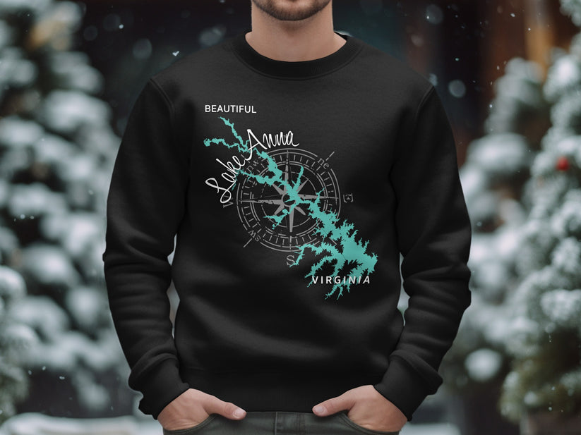 Black sweatshirt with a teal Lake Anna, Virginia map and compass design.
