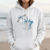 White hoodie on a person featuring a blue Kerr Lake map and compass design with text.