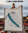 Otisco Lake map woven blanket with compass design and "New York" text.