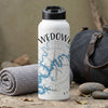 White water bottle with compass, lake map, and text "WEDOWEE ALO".