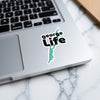 Sticker with "george Life" text and turquoise silhouette of Lake George.