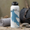White water bottle with blue Newfound Lake map and compass design.