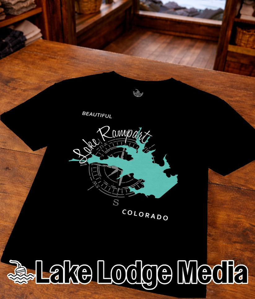Black t-shirt with a map of Lake Rampart, Colorado, and compass.