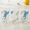 Three clear glasses featuring a blue map of Snow Lake, Washington and a compass design.