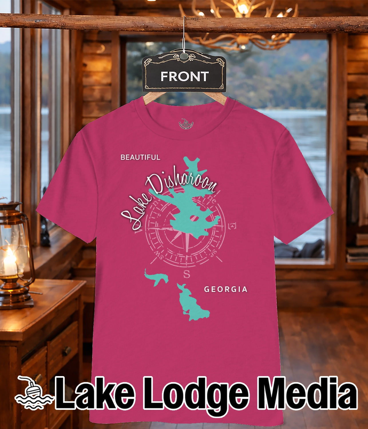 Pink t-shirt with "Lake Disharoon Georgia" and compass graphic.