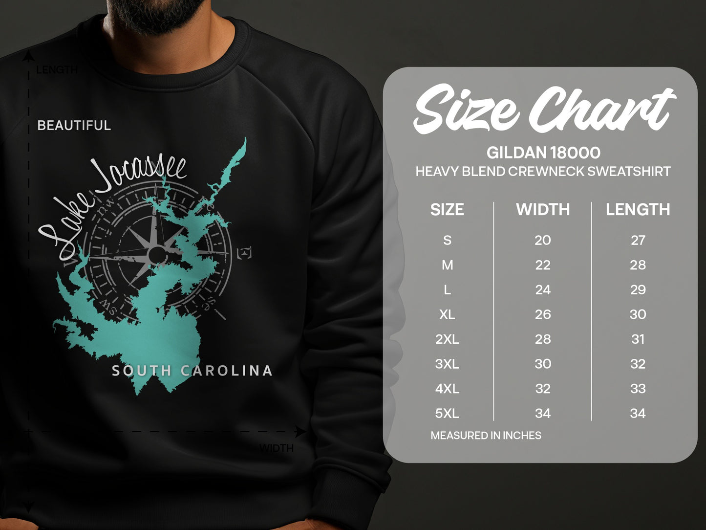 Lake Jocassee, South Carolina graphic sweatshirt with size chart.