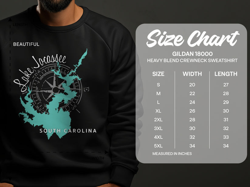 Lake Jocassee, South Carolina graphic sweatshirt with size chart.