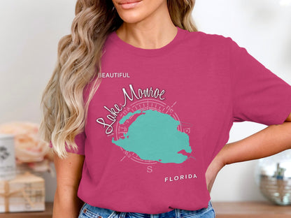 Dark pink t-shirt with a teal map of Lake Monroe and "Beautiful Lake Monroe, Florida" text.