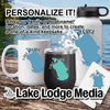 Mug, tumbler, and water bottle with "Lake George" map design, personalized text.