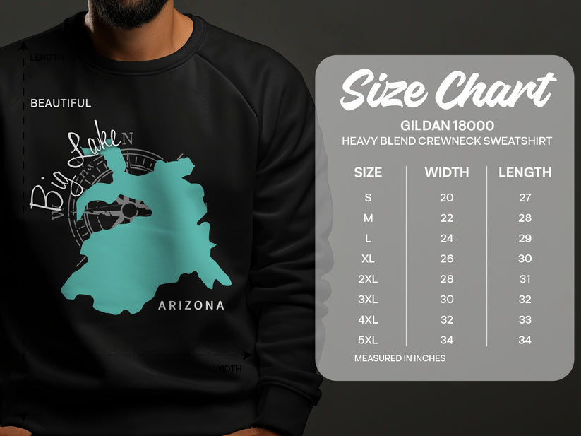 Sweatshirt with Arizona map graphic and Gildan 18000 size chart.