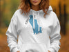 White hoodie with a blue outline map of Washington State and "Cain Lake" text.