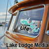 Cachuma Life sticker on a boat window, with "Lake Lodge Media" text below.