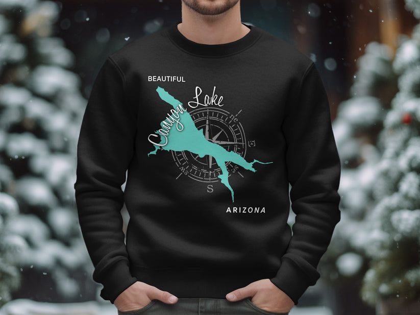 Black sweatshirt with Canyon Lake Arizona map and compass graphic.