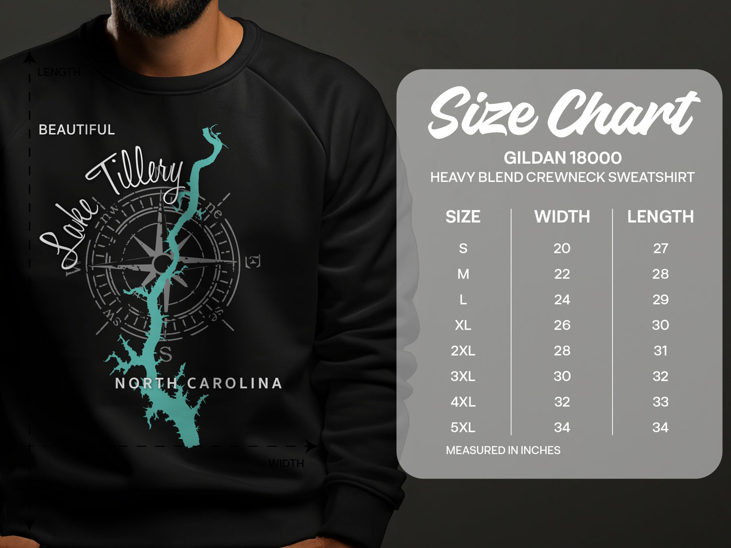 Lake Tillery, North Carolina graphic on sweatshirt with size chart.