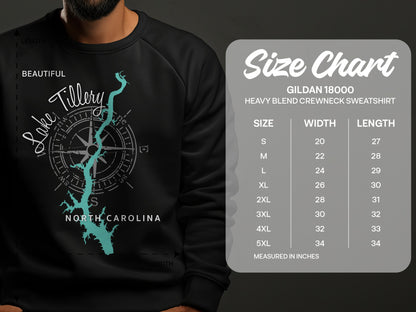 Lake Tillery, North Carolina graphic on sweatshirt with size chart.