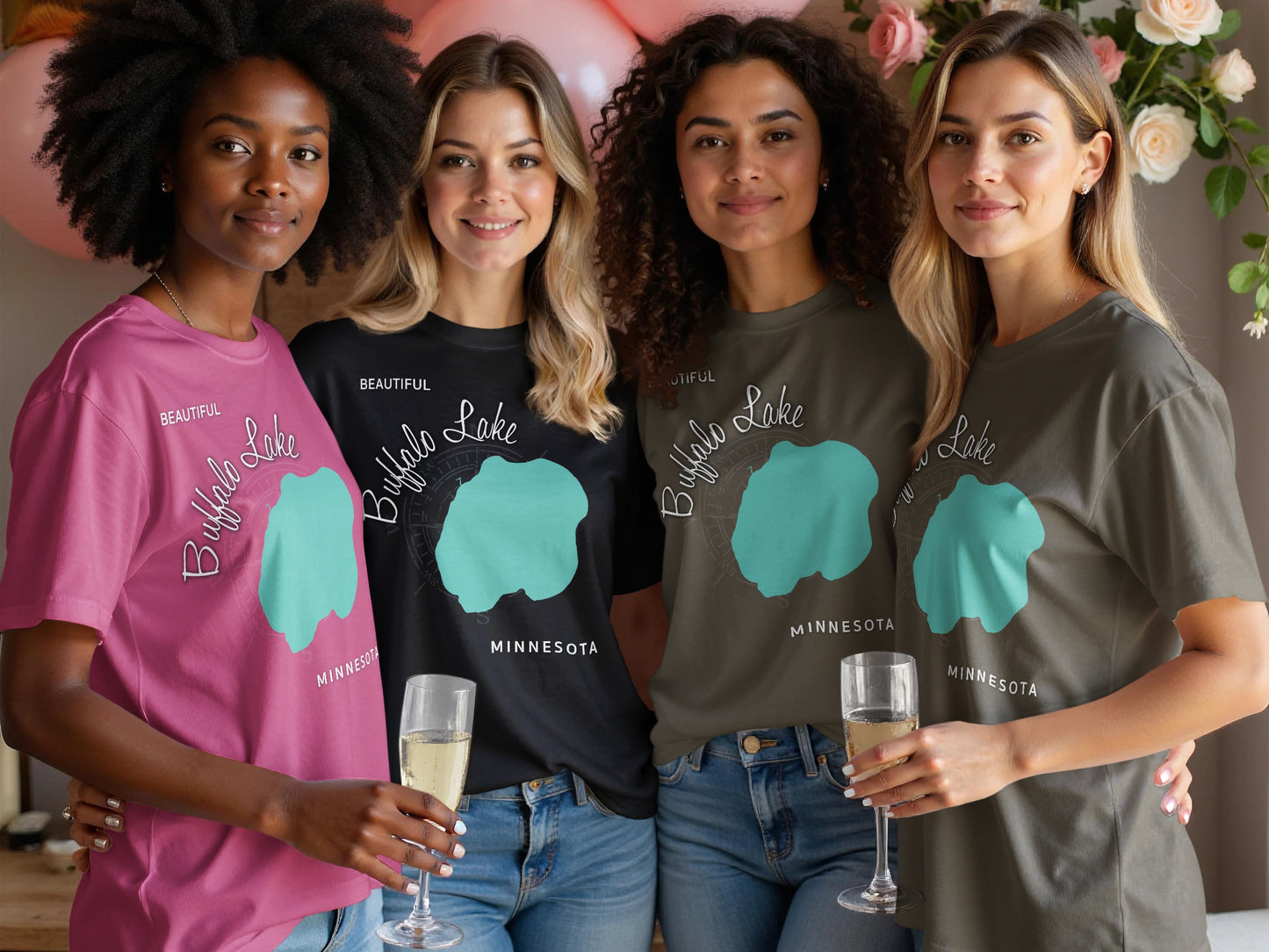 Four women in t-shirts with "Buffalo Lake Minnesota" and turquoise lake graphic.