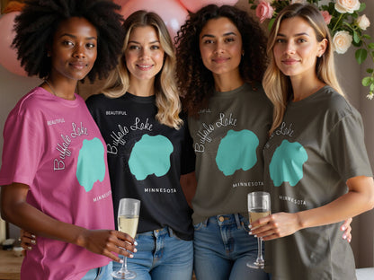 Four women in t-shirts with "Buffalo Lake Minnesota" and turquoise lake graphic.