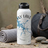 White water bottle with "ELY LAKE" and blue lake map design.