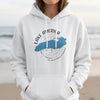 White hoodie with a blue map of Lake Michigan and compass graphic.