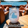 White insulated wine tumbler with Lake St. Clair graphic on a boat table.