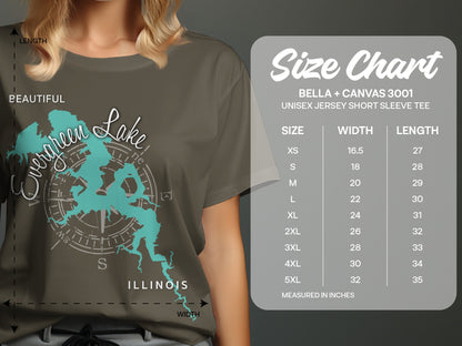 T-shirt with Evergreen Lake map graphic, compass, and size chart.