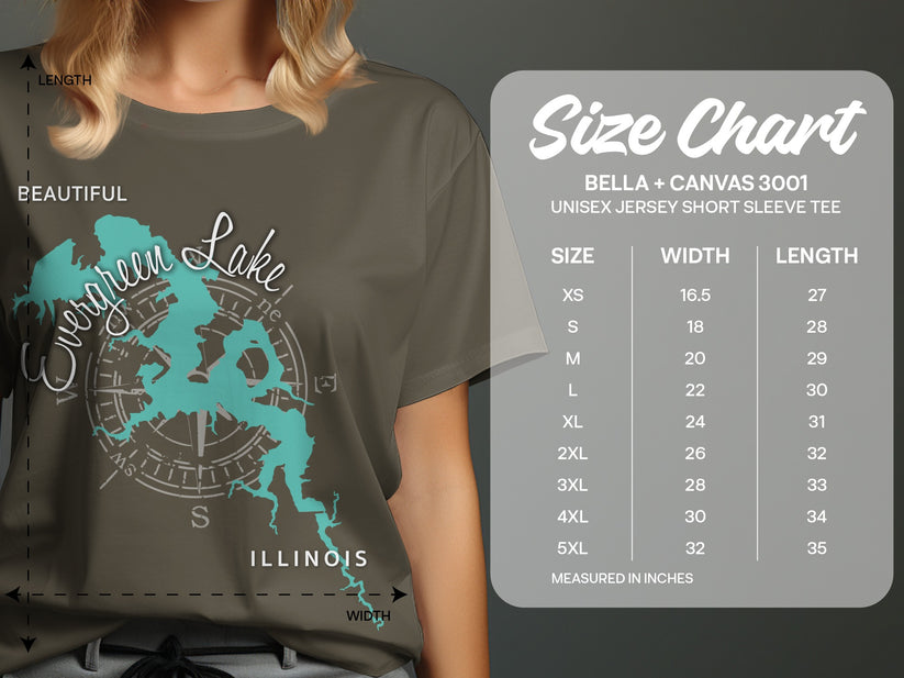 T-shirt with Evergreen Lake map graphic, compass, and size chart.