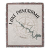 Lake Panorama Iowa map with compass and fringe detail on woven blanket.