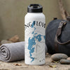 White water bottle with lake map graphic, compass, and text "STRONG FLOW WIS".