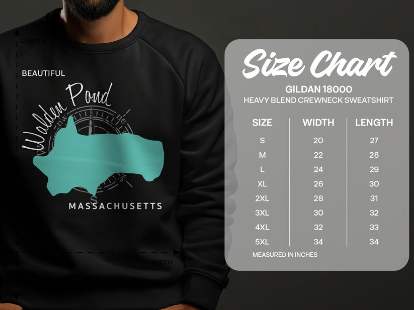 Crewneck sweatshirt with Walden Pond Massachusetts design and size chart.