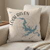 Loch Raven Maryland map with compass rose and bird detail on a light beige pillow.