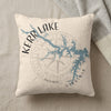 Off-white throw pillow with a blue map of Kerr Lake in Virginia and black text.