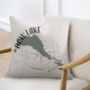 Pillow with Bow Lake Alberta map and compass design.