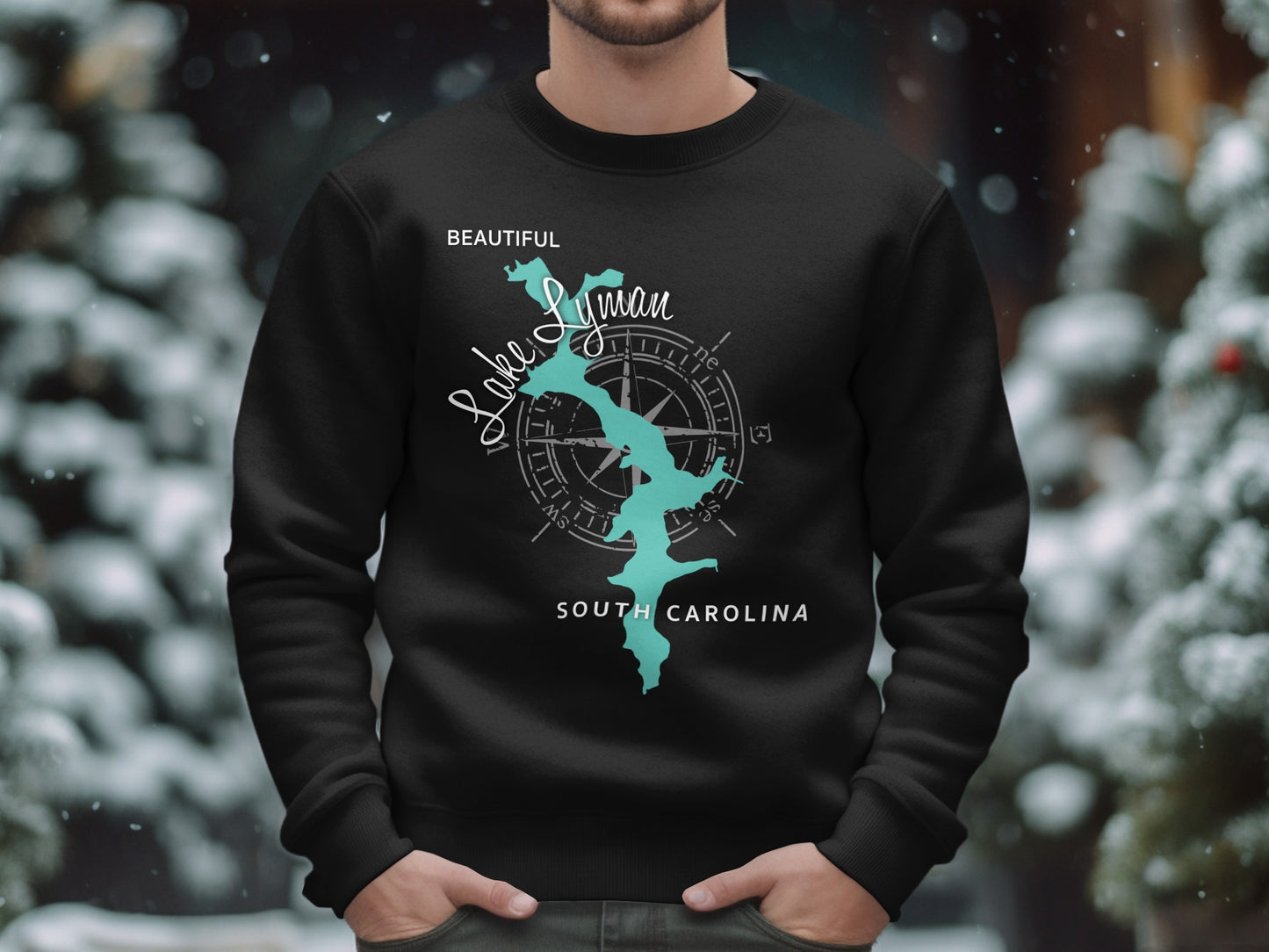 Black sweatshirt with Lake Lyman South Carolina map and compass graphic.