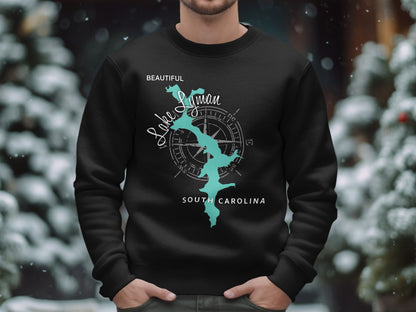 Black sweatshirt with Lake Lyman South Carolina map and compass graphic.
