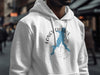 White hoodie with blue Longview Lake Missouri map and compass design.
