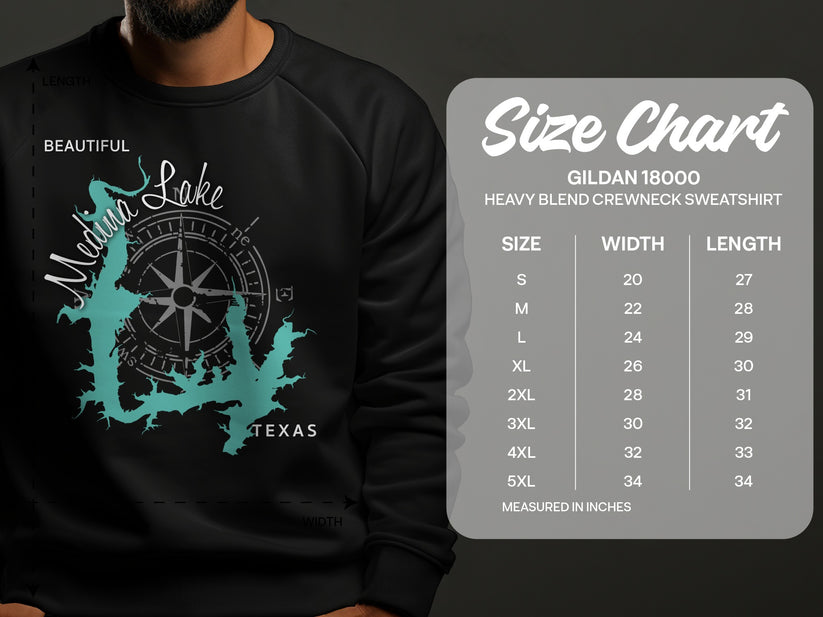 Crewneck sweatshirt with Medina Lake map design and size chart.