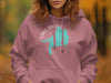 Pink hoodie with turquoise Lake Simcoe and Ontario map design.
