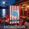 Garden flag with red and white stripes, Lake Monroe map, and "The Smith Family" text.