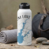 White water bottle with "Com Lake" graphics and compass Rose design