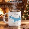 White mug with Harlan County Lake map and Nebraska text.